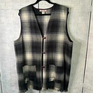 Vintage Allison Tracy Wool Plaid button & loop vest with frayed edge & pockets